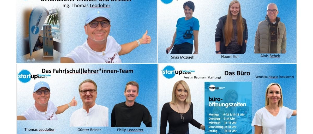 Eine Collage von sechs Personen, drei Männern und drei Frauen, jeweils mit ihrem Namen und ihrer Rolle. Die oberste Reihe zeigt Thomas Leodolter, Silvia Mazurek und Naomi Koll. Die untere Reihe zeigt Gunter Reiner, Philip Leodolter und Kerstin Baumann. Das Bild enthält auch den Text 'start up fahrschule leipniz'.