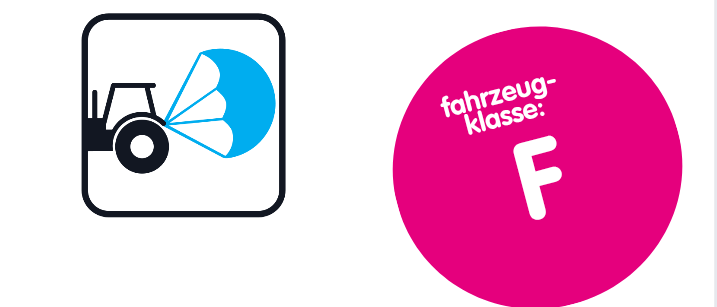 Plakat mit 'Samstag, 11. Oktober 8-11.20 Uhr'. Traktor-Symbol mit 'fahrzeug-klasse: F'. Text 'nachster' darunter.