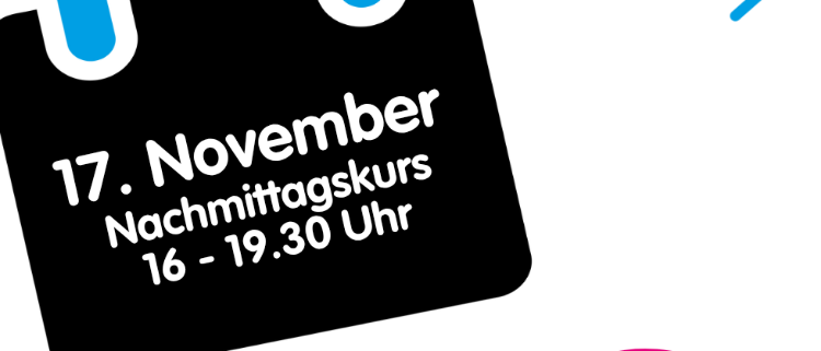 Eine Ankündigung für einen 'nachmittagskurs' am 17. November von 16:00 bis 19:30. Der Text ist in Deutsch. Es zeigt auch einen pinken Kreis mit dem Buchstaben 'B' und einem Auto-Symbol.
