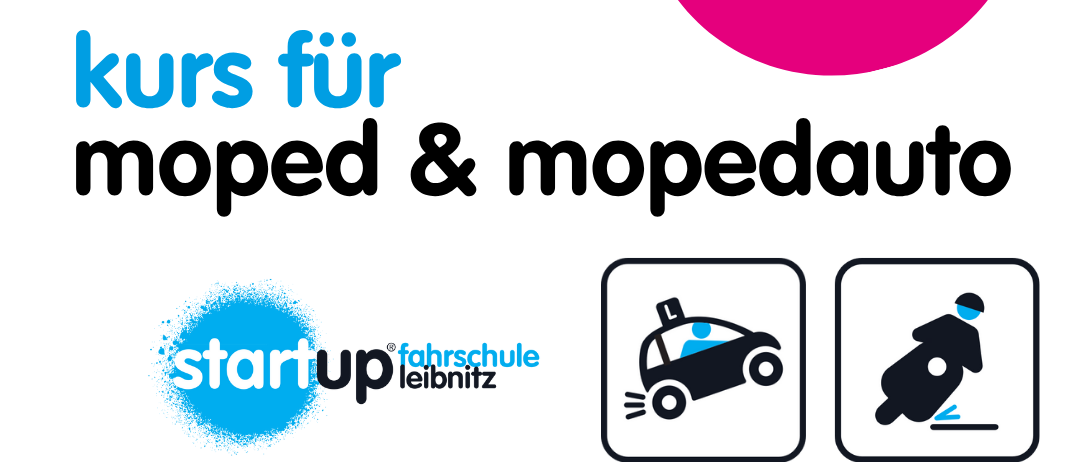 Ein schwarzes Quadrat mit weißem Text 'Samstag, 8. November von 8-13 Uhr'. Darunter ein rosa Kreis mit weißem Text 'fahrzeug-klasse: AM'. Darunter blauer Text 'kurs für moped & mopedauto'. Zwei Symbole unter dem Text.