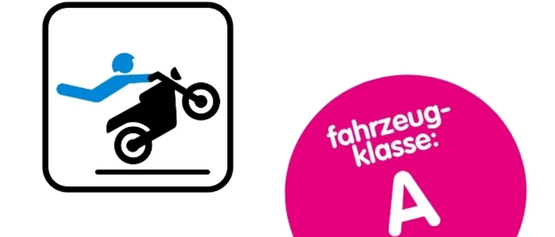Das Bild zeigt ein Motorrad-Symbol mit einer Person, die es fährt. Darunter steht der Text 'Fahrzeug-klasse: A' in einem rosa Kreis. Oberhalb des Bildes sind das Datum '10. Jänner' und die Zeit '8-13 Uhr' angegeben.