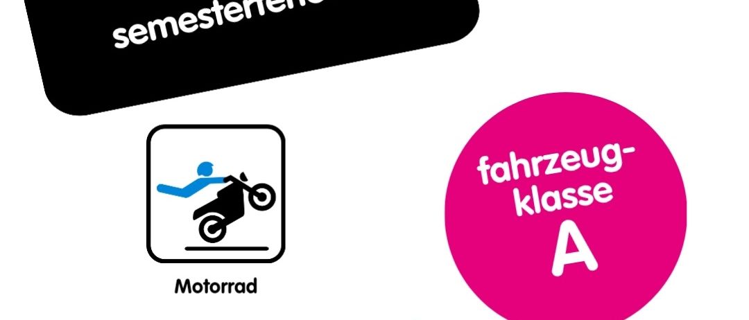 Ein schwarz-weißer Flyer mit dem Text '18./19. Februar Semesterferienkurs' und einem Motorrad-Symbol. Darunter steht 'Motorrad'. Rechts davon ist ein rosa Kreis mit dem Text 'Fahrzeug-Klasse A'. Darunter steht 'Motorrad-Kurs'.