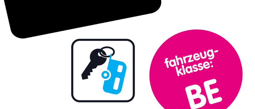 Werbeanzeige für eine Fahrzeugklasse BE, mit Schlüsselsymbol, Datum 05. Februar und Zeit 17-19:30 Uhr. Eine zusätzliche Nachricht lautet 'anhänger? da geht noch mehr!' in Blau.