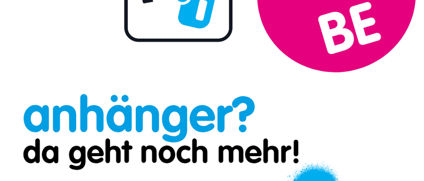 An image with a black background, a date '18. March', a time '17-19.30 Uhr', a key icon, the text 'fahrzeug-klasse', a red circle with 'BE', and a blue text 'anhänger?' with 'da geht noch mehr!' below it.