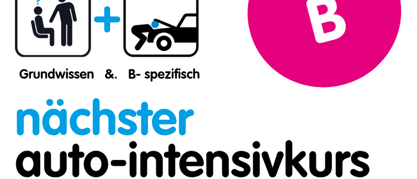 Plakat bewirbt einen Nachmittagskurs am 13. April für Fahrzeugklasse B, einschließlich Grundlagenwissen und B-spezifischen Themen.