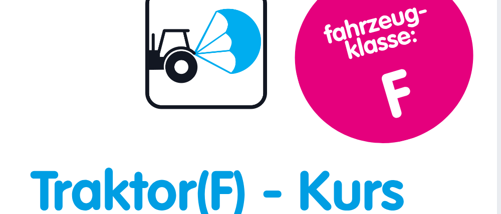 Werbung für einen Traktor-Kurs. Termine: 8. und 9. April. Zeit: 16:00 bis 17:40. Fahrzeugklasse F. Aktivitäten umfassen Pflügen, Säen, Ernten oder einfach Offroad-Action.