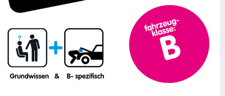 Eine Werbung für einen Auto-Intensivkurs am 3. August von 9-12:30 Uhr. Es enthält einen rosa Kreis mit dem Buchstaben B, einer sitzenden Person und einem Auto mit blauem Licht.