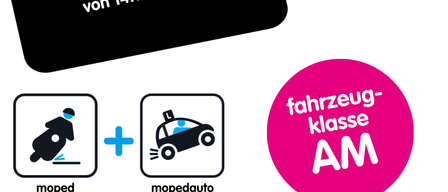 Eine Werbung für Mopedkurs, einen Kurs für Mopeds und Mopedautos, geplant für den 10. und 11. August von 14:10 bis 16:30 Uhr. Der Kurs ist für die Fahrzeugklasse AM.