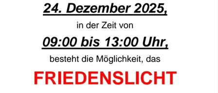 Am 24. Dezember 2025, von 09:00 bis 13:00 Uhr, bietet die Feuerwehr Kaisersdorf die Möglichkeit, das Friedenslicht abzuholen. Die Feuerwehr Kaisersdorf bedankt sich für die Unterstützung und wünscht frohe Weihnachten sowie einen guten Rutsch ins Jahr 2026!