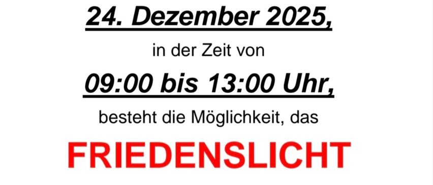 Am 24. Dezember 2025, von 09:00 bis 13:00 Uhr, bietet die Feuerwehr Kaisersdorf die Möglichkeit, das Friedenslicht abzuholen. Die Feuerwehr Kaisersdorf bedankt sich für die Unterstützung und wünscht frohe Weihnachten sowie einen guten Rutsch ins Jahr 2026!