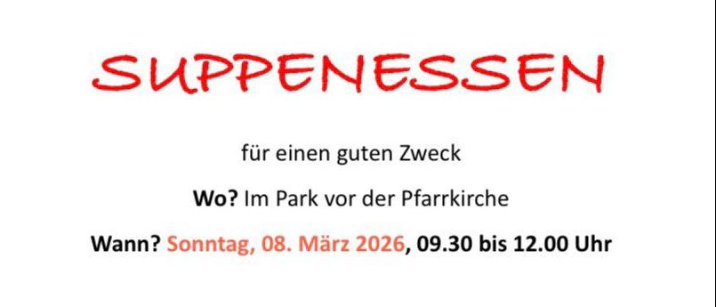 A poster for a soup event, 'Suppenessen', for a good cause. Location: Park in front of the church. Date: Sunday, March 8, 2026, 09:30 to 12:00. Soup types: Goulash, carrot, vegetable, cabbage, beef, and lamb. Also available for takeout. Proceeds go to Frauenhaus Burgenland.