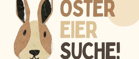 Plakat für Ostereiersuche. Samstag, 04.04., 10:00 Uhr. Treffpunkt am Eislaufplatz-Hütte (Kreuzung Landseestraße). Lea, Sophie und Michael freuen sich auf dich!
