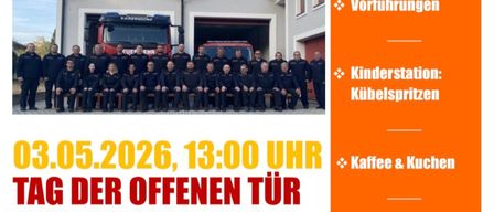Tag der offenen Tür bei der Freiwilligen Feuerwehr Kaisersdorf am 3. Mai 2026, 13:00 Uhr. Verschiedene Löschübungen und Vorführungen. Kaffee und Essen inklusive.
