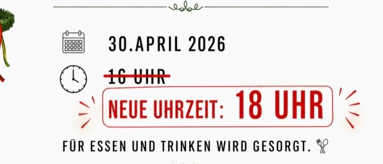 Einladung zum Maibaum-Aufstellen von der Jugend Kaisersdorf am 30. April 2026 von 16 Uhr bis 18 Uhr. Essen und Getränke sind vorhanden. Wir freuen uns auf Ihren Besuch!