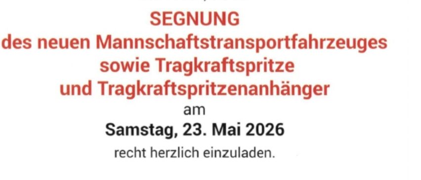 Ein Bild eines Feuerwehrwagens mit der Aufschrift 'EINLADUNG'. Darunter ist ein Bild eines Logos, und weiter unten steht 'SEGUNG des neuen Mannschaftstransportfahrzeuges sowie Tragkraftspritze und Tragkraftspritzenanhänger.' Über dem Logo steht 'Das Kommando der Freiwilligen Feuerwehr Kaisersdorf beehrt sich, Sie zur'.