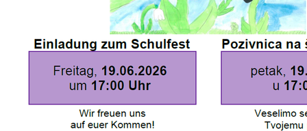 Das Bild zeigt eine Einladung zu einem Schulfest am 19.06.2026 um 17:00 Uhr. Es gibt Kaffee und Getränke. Die Einladung ist zweisprachig, auf Deutsch und Englisch.
