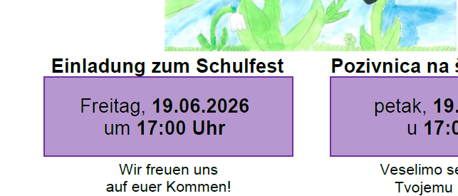 Das Bild zeigt eine Einladung zu einem Schulfest am 19.06.2026 um 17:00 Uhr. Es gibt Kaffee und Getränke. Die Einladung ist zweisprachig, auf Deutsch und Englisch.