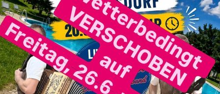 Werbung für ein Sommerevent mit Live-Musik, kühlen Getränken und leckerem Essen in Kaisersdorf. Die Veranstaltung zeigt zwei Musiker und einen Pool.