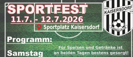Ein Fußballevent auf dem Sportplatz Kaisersdorf. Samstag beinhaltet die Öffnung des Bierzeltes um 10:00, Mittagessen um 11:00, Spiele um 16:30 und 18:30 und eine Spielerparty mit DJ Olly. Sonntag beginnt um 10:30, Mittagessen um 11:00, ein Wachstumsspiel um 13:00 und eine Tombola.