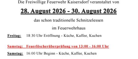 Plakat für das traditionelle Schnitzelessen-Event in Kaisersdorf, geplant vom 28. August 2026 bis 30. August 2026. Details umfassen Öffnungszeiten, Kochen, Kaffee und Musikunterhaltung.