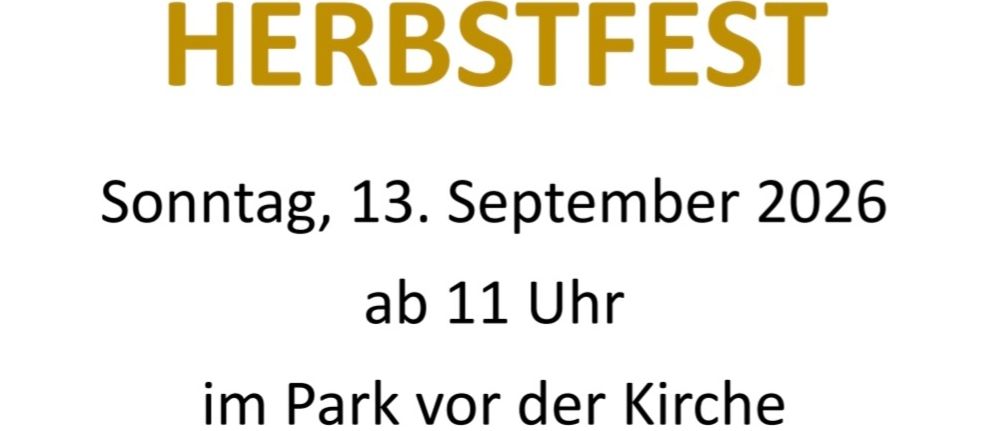 Einladung zum Herbstfest mit einer Kürbis- und Herbstlaub-Illustration, am Sonntag, 13. September 2026, ab 11 Uhr im Park vor der Kirche.