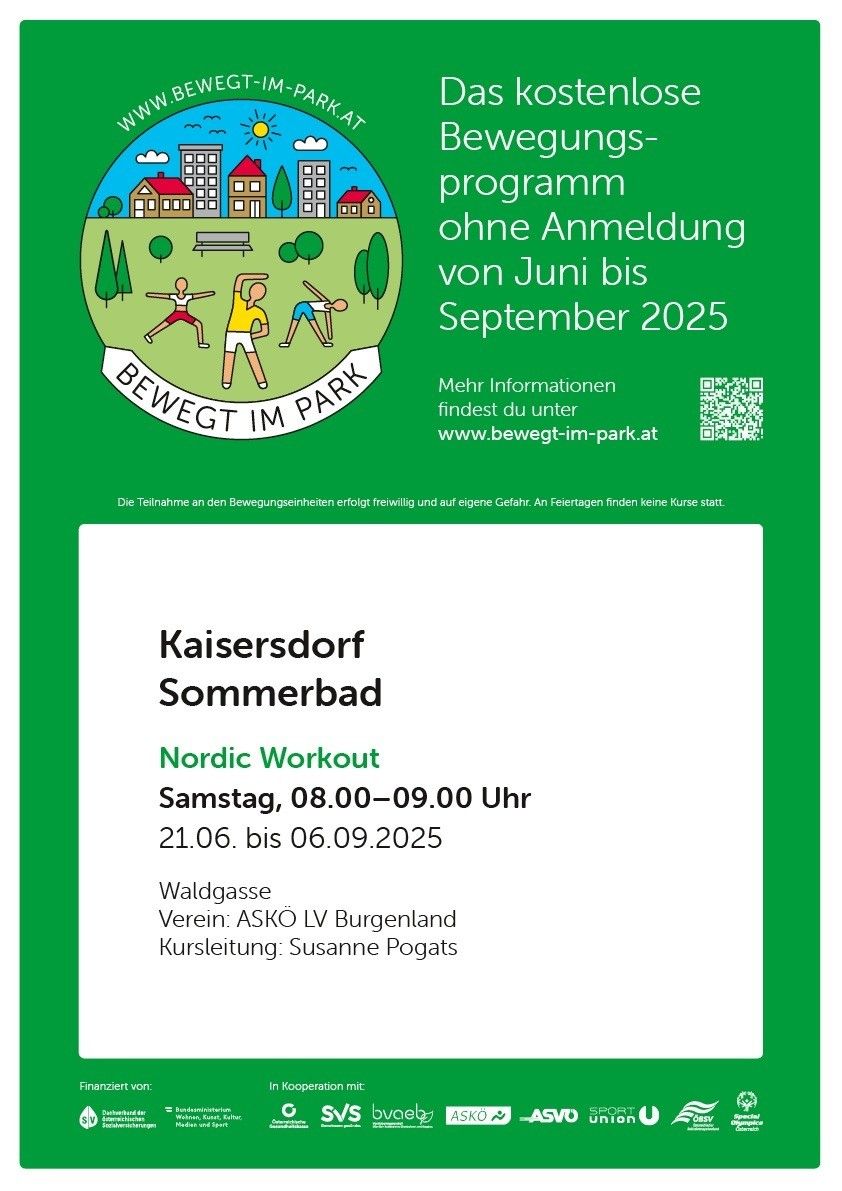 Eine Anzeige für ein kostenloses Bewegungsprogramm in Kaisersdorf Sommerbad von Juni bis September 2025. Die Veranstaltung findet jeden Samstag von 8:00 bis 9:00 Uhr statt. Es wird von ASKÖ LV Burgenland organisiert. Der QR-Code führt zur Website www.bewegt-im-park.at.