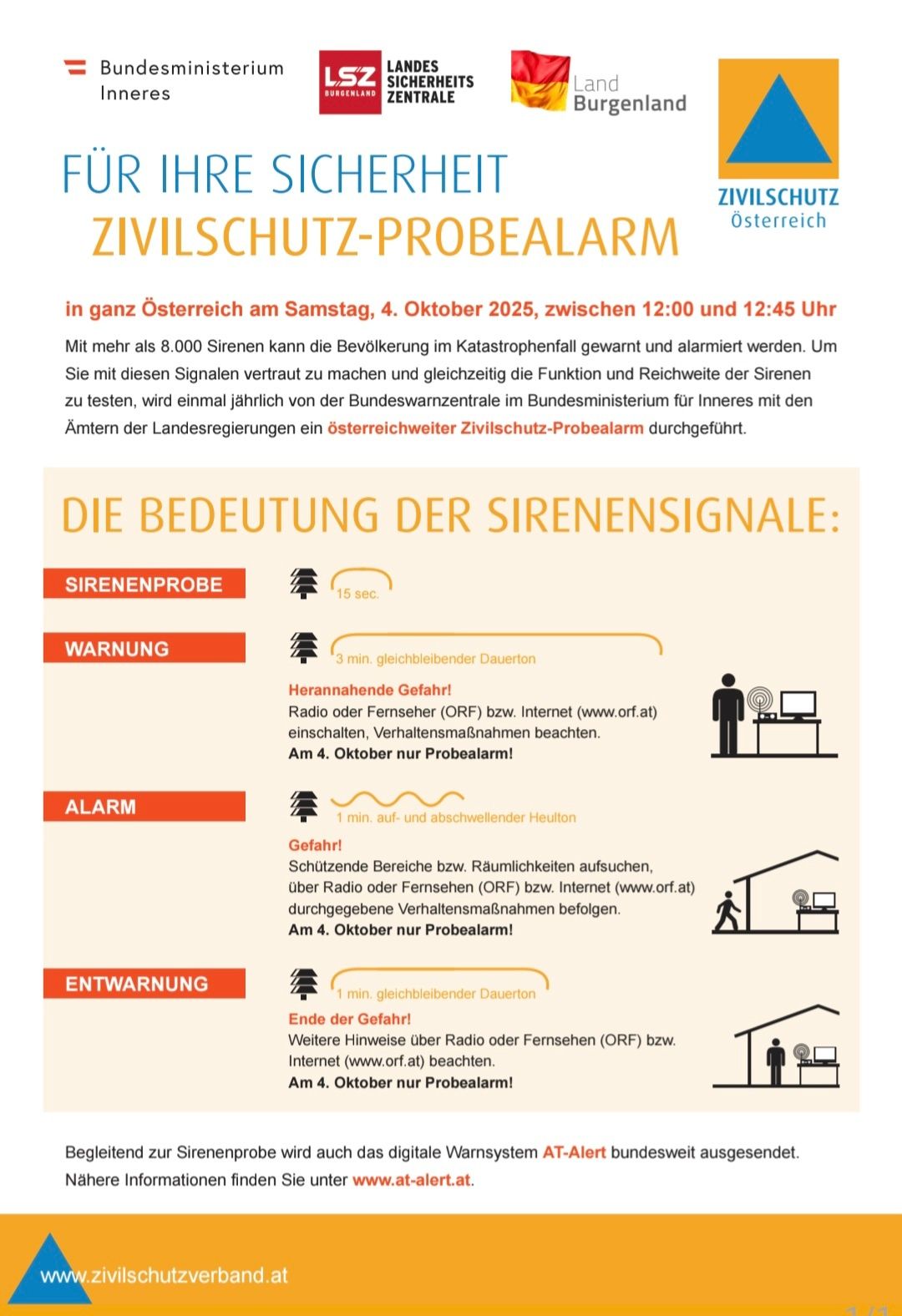 Zivilschutz-Probealarm in ganz Österreich am Samstag, 4. Oktober 2025, zwischen 12:00 und 12:45 Uhr. Mit mehr als 8.000 Sirenen kann die Bevölkerung im Katastrophenfall gewarnt und alarmiert werden. Verschiedene Sirenensignale mit Bedeutungen und Dauern werden angezeigt.