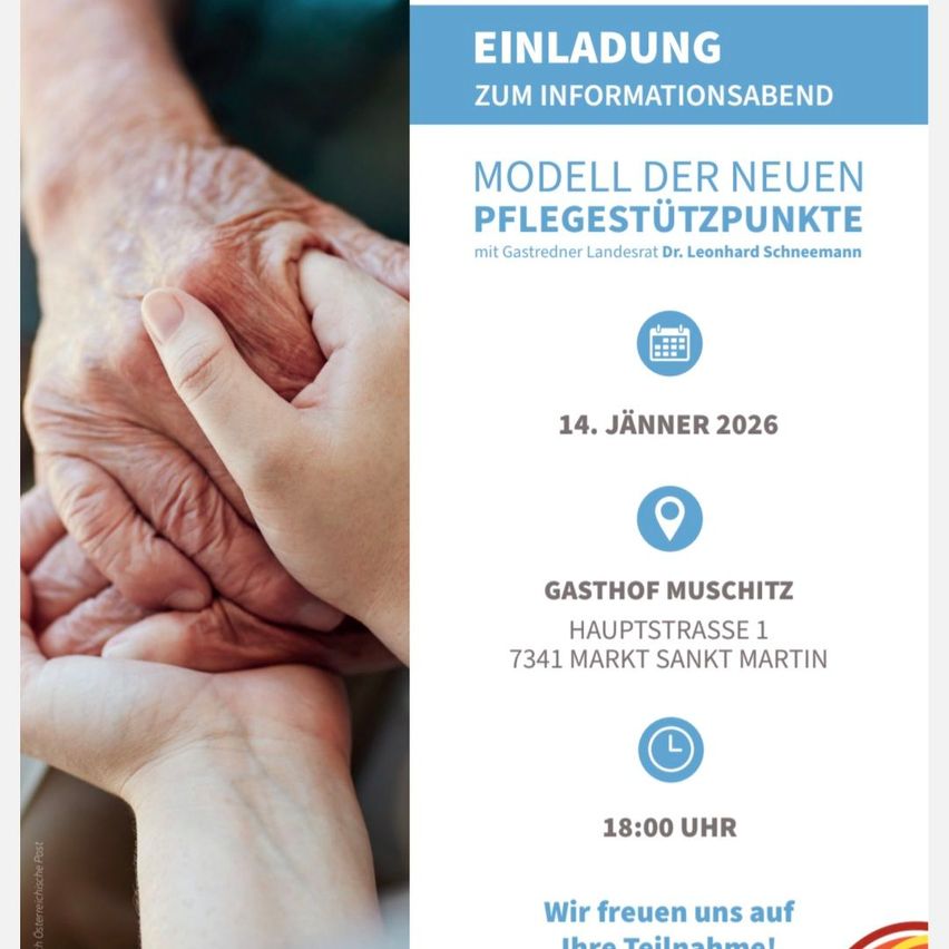 Einladung zu einem Informationsabend mit älteren Händen, Termin für den 14. Jänner 2026, im Gasthof Muschitz, Hauptstrasse 1, 7341 Markt Sankt Martin, Beginn um 18:00 Uhr.
