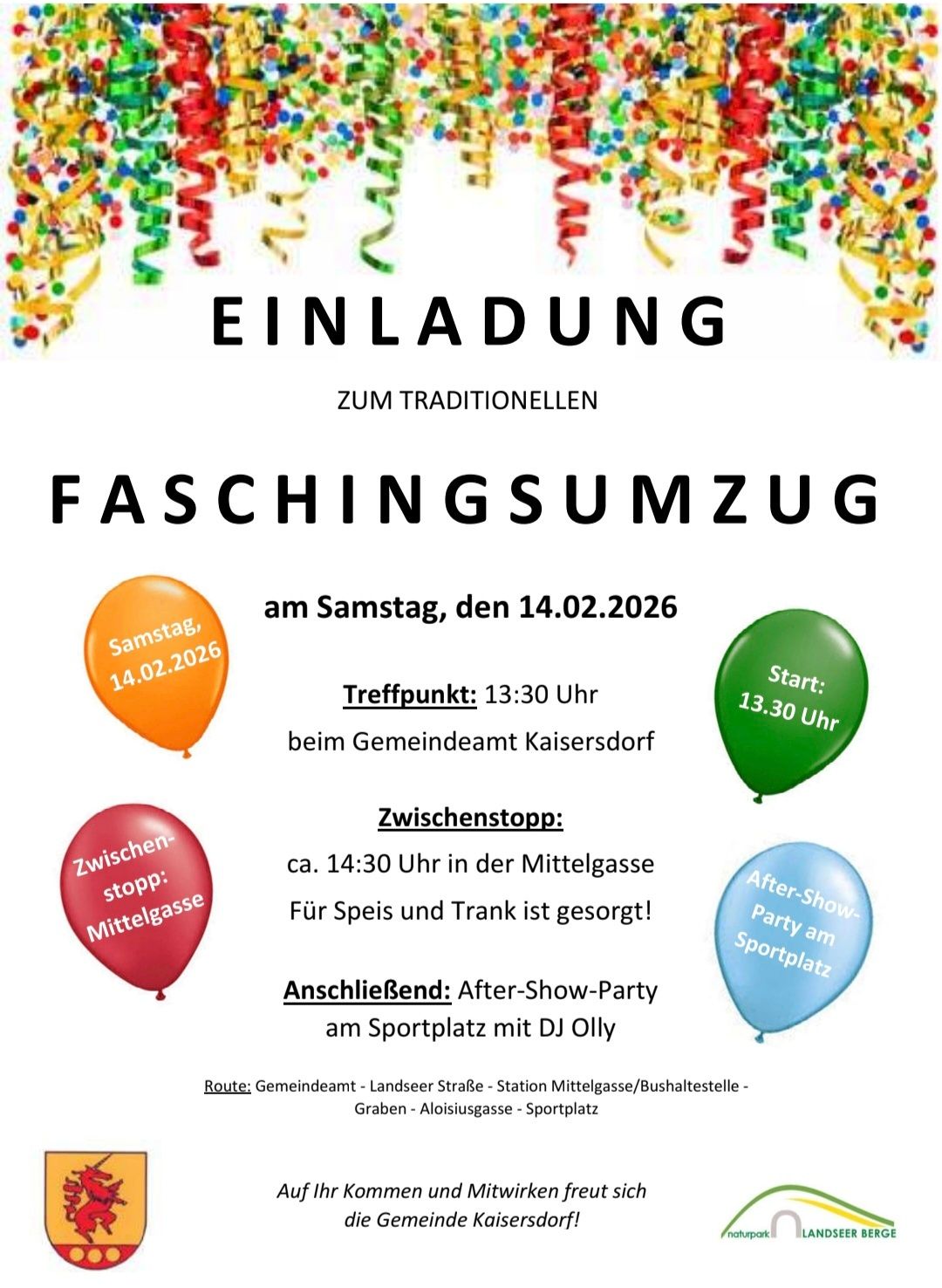 Plakat für eine traditionelle Karnevalsveranstaltung am Samstag, 14.02.2026. Es beginnt um 13:30 Uhr im Gemeindeamt. Eine Pause für Essen und Getränke ist um 14:30 Uhr in der Mittelgasse geplant. Die Veranstaltung endet mit einer After-Show-Party auf dem Sportplatz mit DJ Olly.
