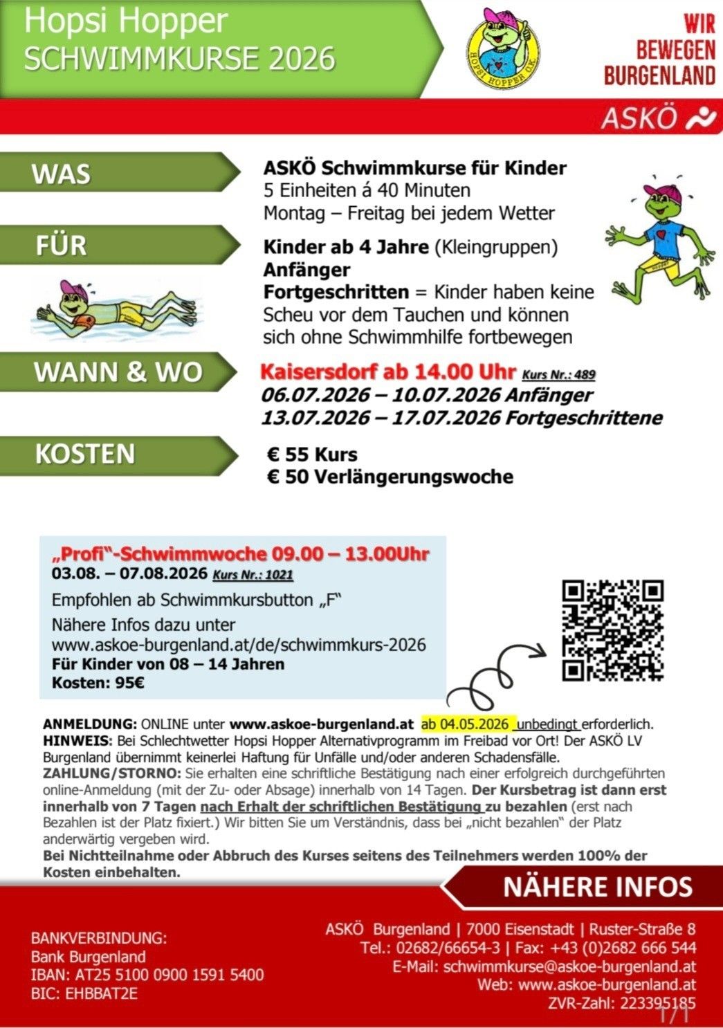 ASKO swimming courses for children aged 4-14, 5 units of 40 minutes each, Monday to Friday. Course number 489, 06.07-10.07.2026 beginners, 13.07-17.07.2026 advanced. Cost: 55€, 50€ for extension week. Online registration required by 04.05.2026.