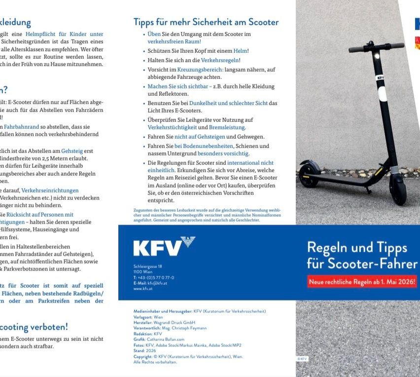 A flyer with a scooter image, offering safety tips for scooter users, including wearing a helmet, following traffic rules, and checking the scooter before riding. It emphasizes the importance of visibility and adherence to local regulations.