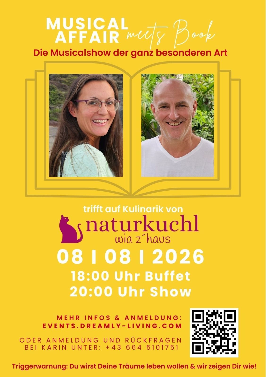 Plakat für eine kulinarische Veranstaltung mit zwei lächelnden Personen, einer Frau und einem Mann, mit dem Datum 08.08.2026, Buffet um 18:00 und Show um 20:00.