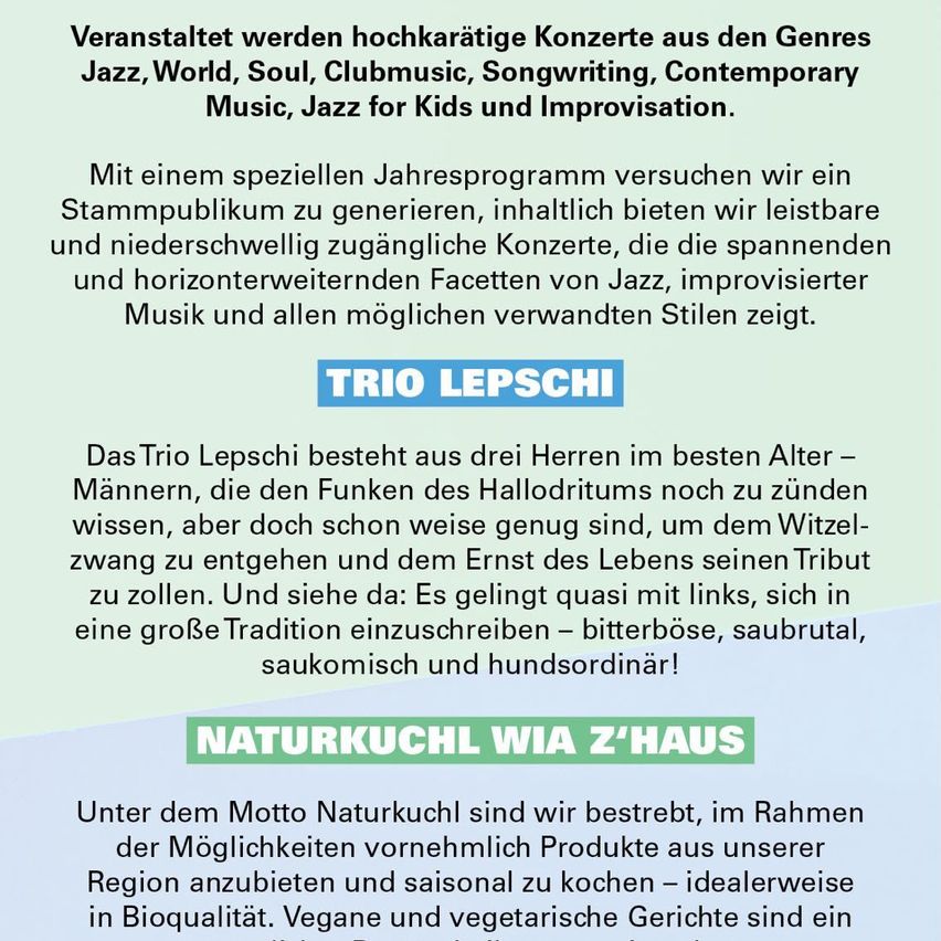 Werbung für Trio Lepschi, eine Jazz-Band, mit grünem Hintergrund und weißem Text.