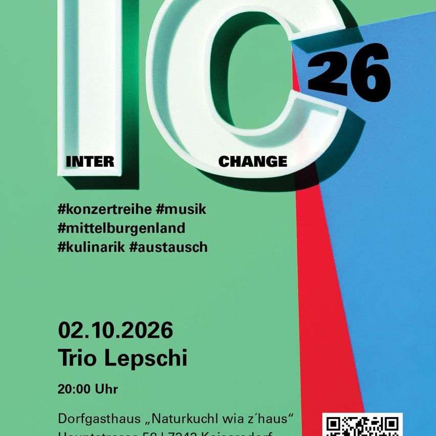 Plakat für ein Musikevent mit Trio Lepschi am 2. Oktober 2026. Das Plakat enthält einen QR-Code, Veranstaltungsdetails und Hashtags.