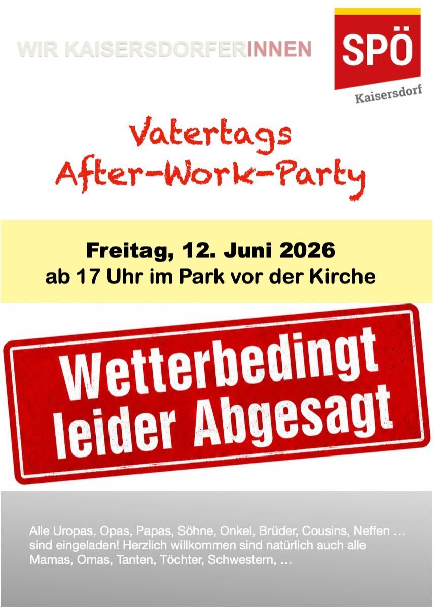 Plakat für Vatertags After-Work-Party am 12. Juni 2026, ab 17 Uhr im Park vor der Kirche. Wetterabhängig leider abgesagt.