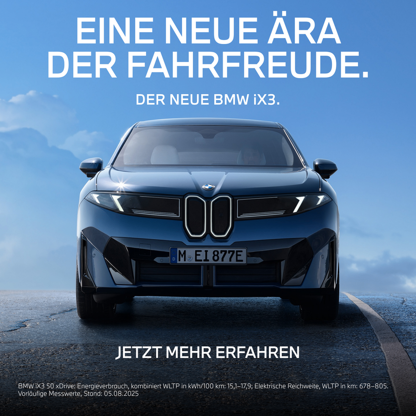 An advertisement for the new BMW iX3 shows the front of the car on a road. It features a combined WLTP energy consumption of 15.1-17.9 kWh/100 km. Stand: 05.08.2025.