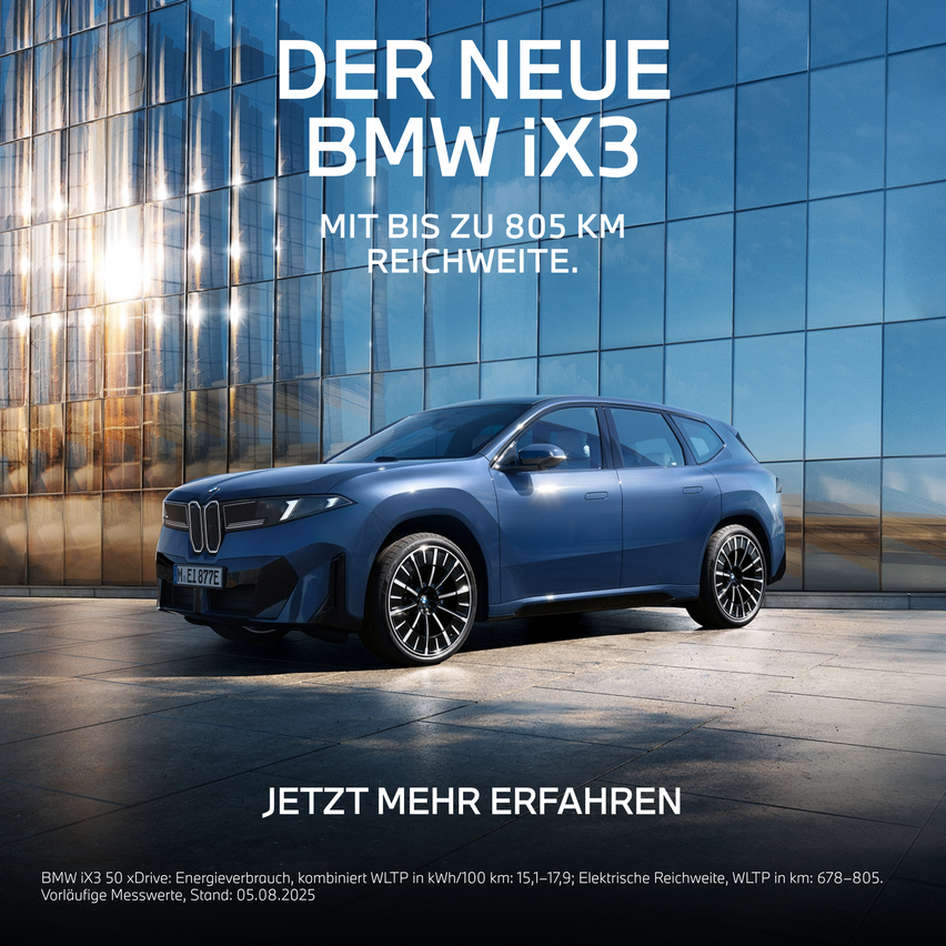 Advertisement for the new BMW iX3. Blue car in front of a building. Mileage up to 805 km. Learn more.