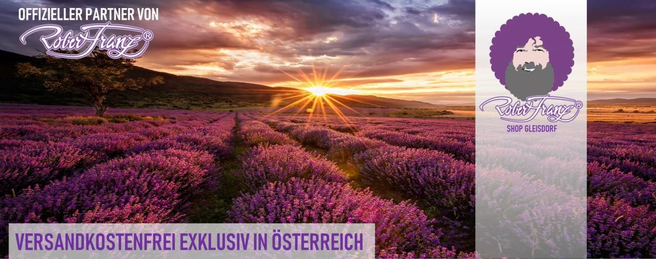 Ein Lavendelfeld bei Sonnenuntergang mit einem Gebirgszug im Hintergrund. Der Text ist auf Deutsch.