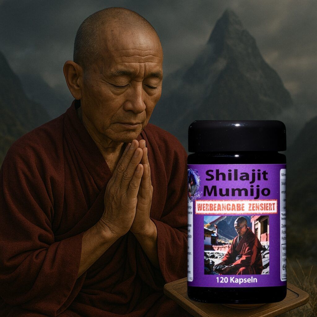 Ein Mönch in einem braunen Gewand meditiert mit geschlossenen Augen, vor ihm steht ein Glas mit Shilajit Mumijo auf einem Tisch.