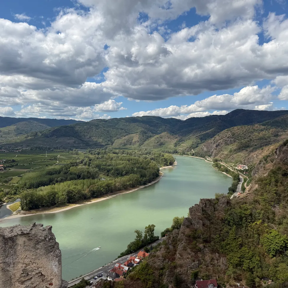 Ein Panoramablick auf einen Fluss, der durch ein Tal mit üppigen grünen Bäumen und Bergen unter einem bewölkten Himmel fließt.