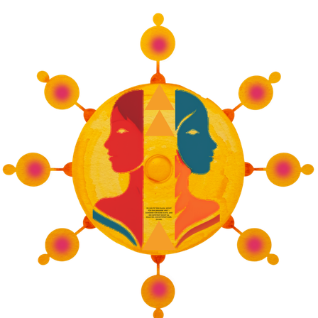 Ein kreisförmiges Design mit einem roten und blauen Gesicht auf der linken und rechten Seite. Das Design ist von einem gelben Kreis mit roter und oranger Umrandung umgeben.
