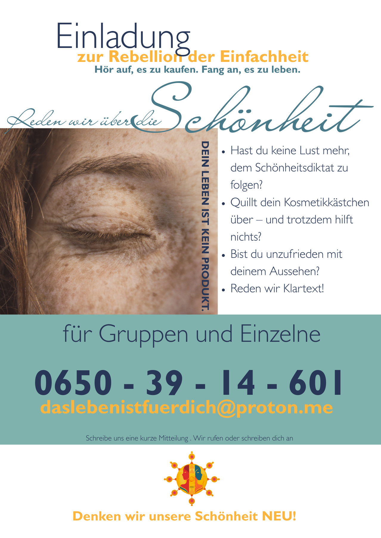 An advertisement for a beauty product shows a close-up of a woman's face with freckles. The text discusses dissatisfaction with beauty products and invites inquiries. Contact information and a phone number are provided.