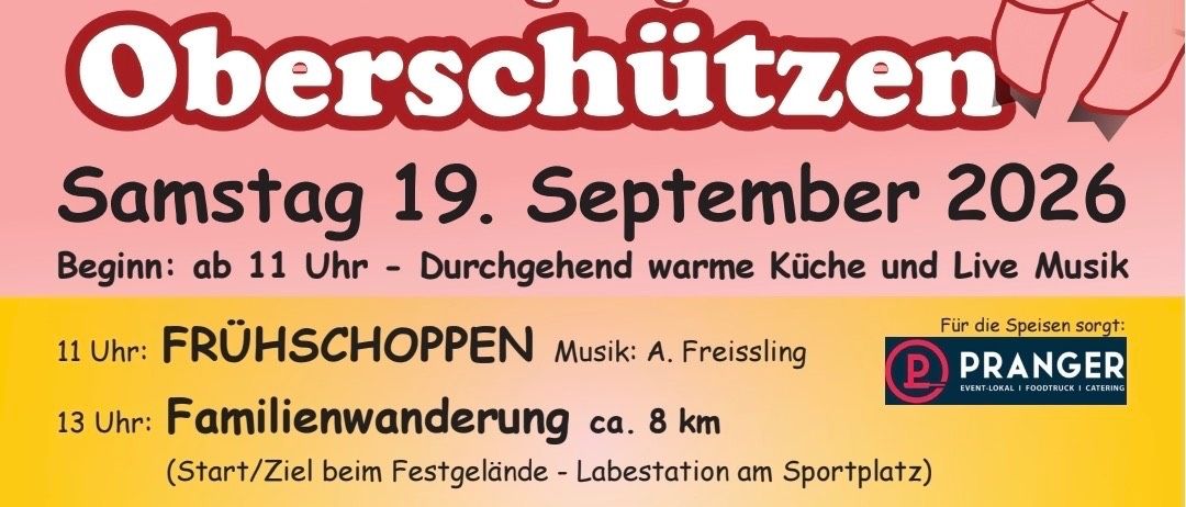 Plakat für ein Festival auf dem Kinderspielplatz Oberschuitzen am Samstag, 19. September 2026. Veranstaltungen umfassen morgendliches Einkaufen, eine Familienwanderung und abendliches Einkaufen mit Live-Musik. Essen und Getränke werden angeboten.