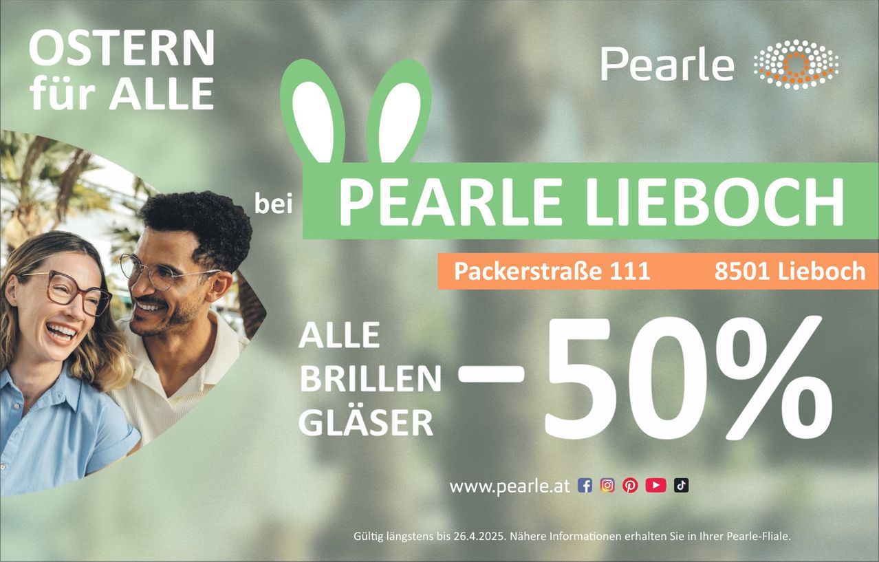 Pearle-Werbung mit dem Gesicht eines Mannes, grünen Hasenohren und einem Rabatt von 50% auf Brillen. Adresse: Packerstraße 111. Gültig bis 26. April 2025.