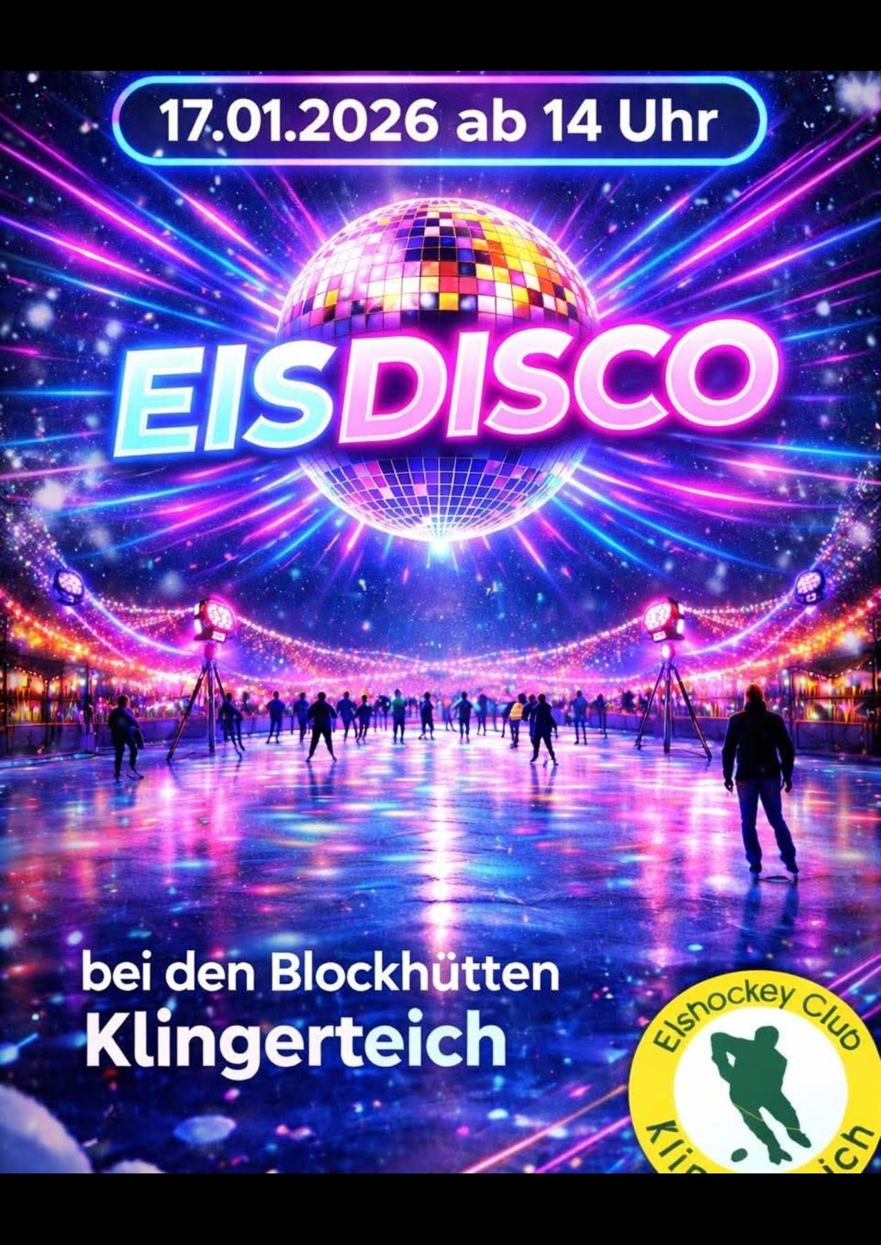 Eine Eisbahn mit Menschen, die unter einer bunten Discokugel Schlittschuh laufen, mit 'EISDISCO' in fetten weißen Buchstaben. Helle Lichter und eine festliche Atmosphäre.