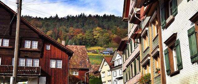 Ein Blick auf eine kleine Stadtstraße mit Holz- und Backsteinhäusern, grünen Fensterläden und einem Hügel mit Bäumen im Hintergrund.