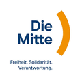 Ein Logo mit 'Die Mitte' in Blau, und 'Freiheit. Solidaritat. Verantwortung.' darunter in kleinerer Schrift. Das Wort 'Mitte' ist durch einen orangefarbenen Halbkreis auf der rechten Seite hervorgehoben.