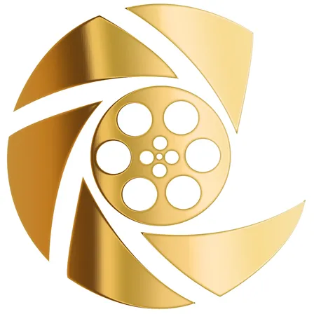 Goldenes Logo mit einer Filmrolle in der Mitte und kreisförmigen Formen darum herum.