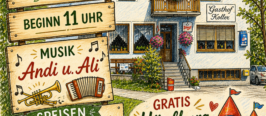 Plakat für eine kostenlose Veranstaltung am 31. Mai 2026 um 11 Uhr. Musik von Andi u. Ali. Essen umfasst gegrilltes Huhn, Käse, Wurst und Brezeln.