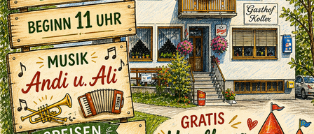 Plakat für eine kostenlose Veranstaltung am 31. Mai 2026 um 11 Uhr. Musik von Andi u. Ali. Essen umfasst gegrilltes Huhn, Käse, Wurst und Brezeln.
